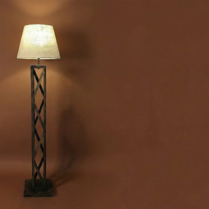 Symmetric Wooden Floor Lamp With Brown Base and Beige Fabric Lampshade