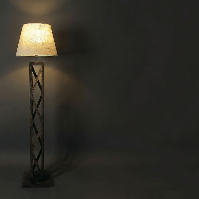 Symmetric Wooden Floor Lamp With Brown Base and Beige Fabric Lampshade