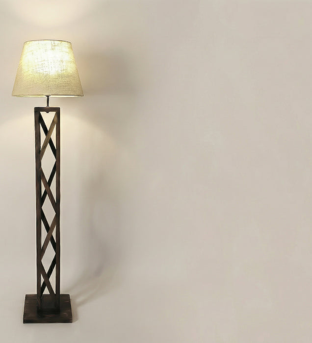 Symmetric Wooden Floor Lamp With Brown Base and Beige Fabric Lampshade
