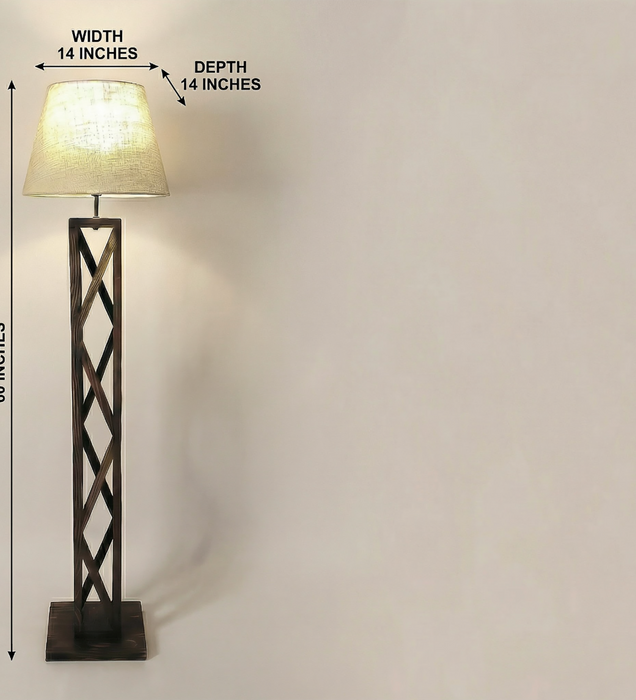 Symmetric Wooden Floor Lamp With Brown Base and Beige Fabric Lampshade