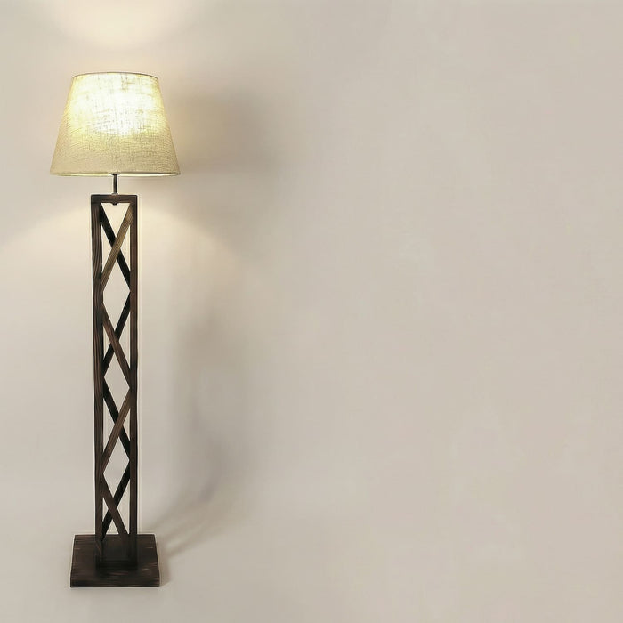 Symmetric Wooden Floor Lamp With Brown Base and Beige Fabric Lampshade