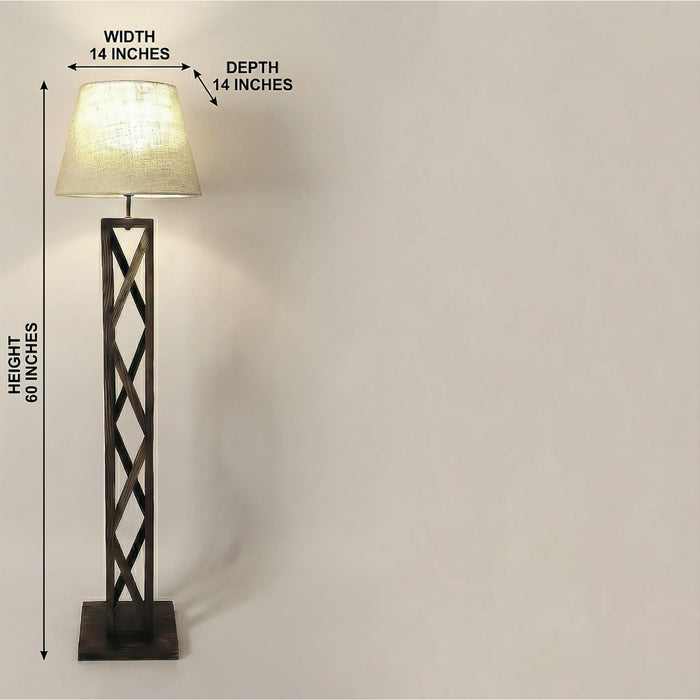 Symmetric Wooden Floor Lamp With Brown Base and Beige Fabric Lampshade