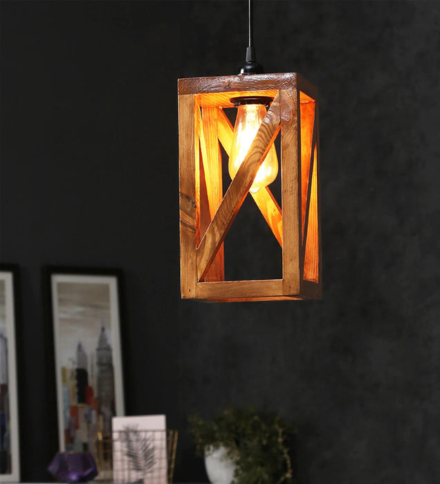 Symmetric Brown Wooden Single Hanging Lamp