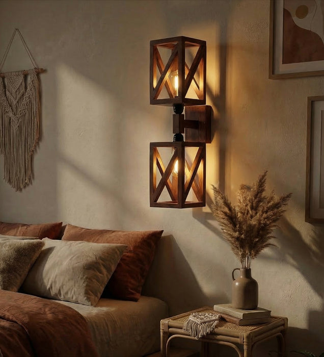 Symmetric Duo Brown Wooden Wall Light