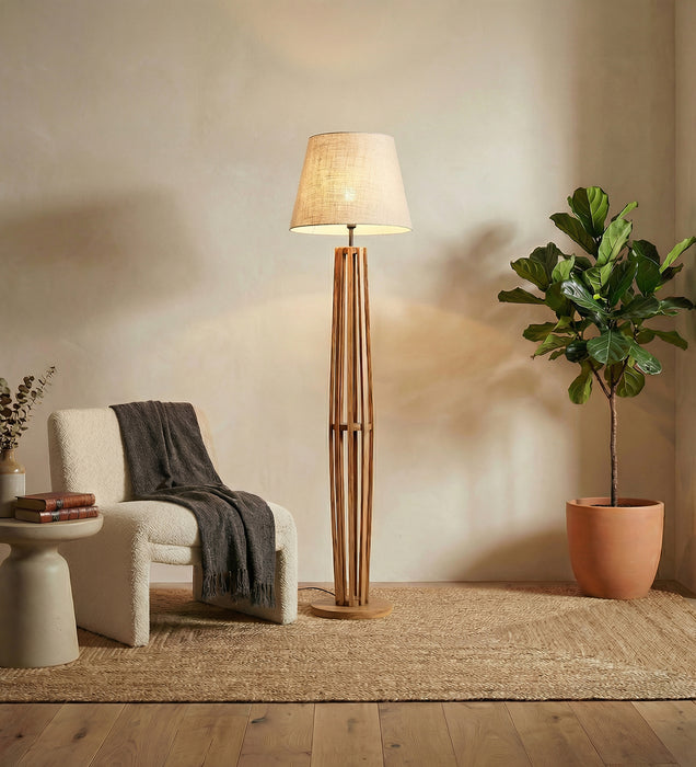 Tall Boy Wooden Floor Lamp With Brown Base and Beige Fabric Lampshade