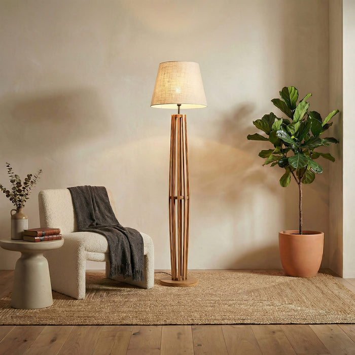 Tall Boy Wooden Floor Lamp With Brown Base and Beige Fabric Lampshade