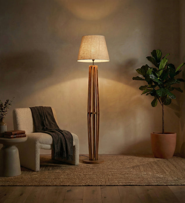 Tall Boy Wooden Floor Lamp With Brown Base and Beige Fabric Lampshade