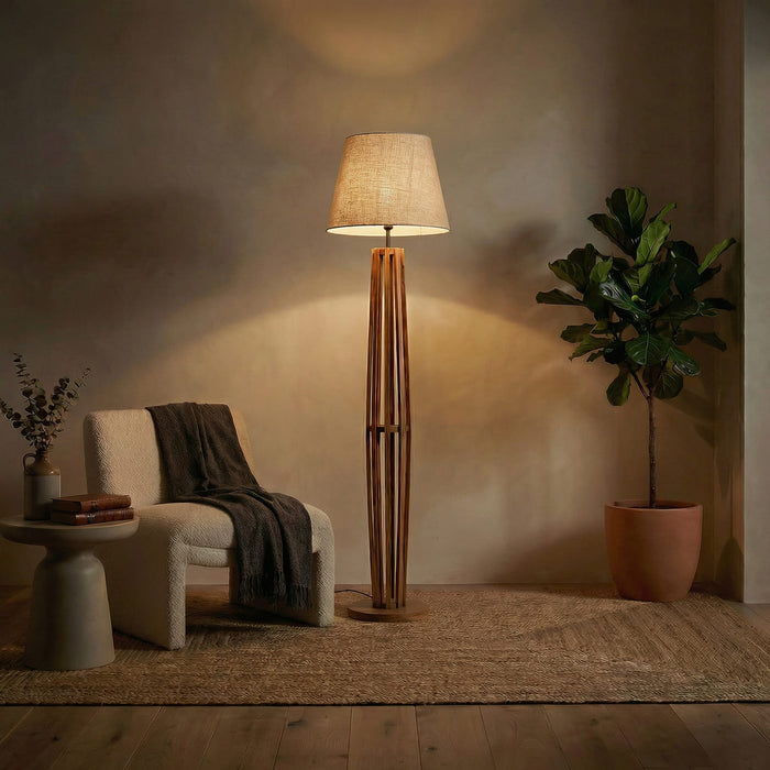 Tall Boy Wooden Floor Lamp With Brown Base and Beige Fabric Lampshade