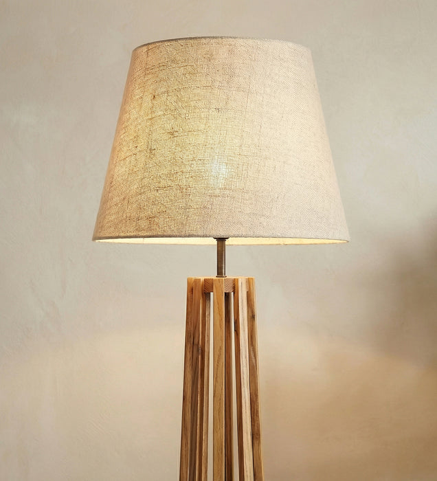 Tall Boy Wooden Floor Lamp With Brown Base and Beige Fabric Lampshade