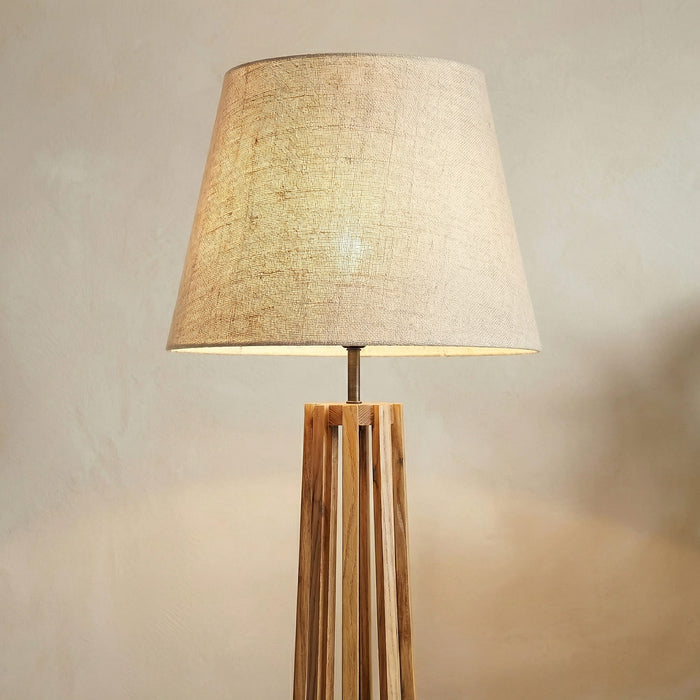 Tall Boy Wooden Floor Lamp With Brown Base and Beige Fabric Lampshade