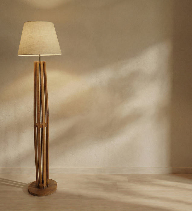 Tall Boy Wooden Floor Lamp With Brown Base and Beige Fabric Lampshade