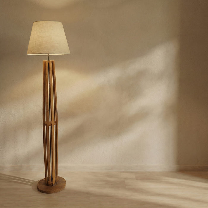 Tall Boy Wooden Floor Lamp With Brown Base and Beige Fabric Lampshade