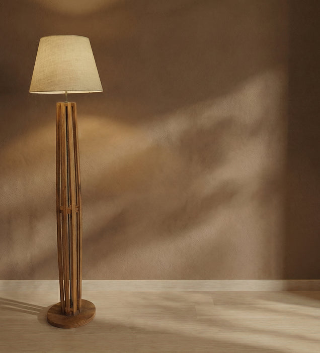 Tall Boy Wooden Floor Lamp With Brown Base and Beige Fabric Lampshade