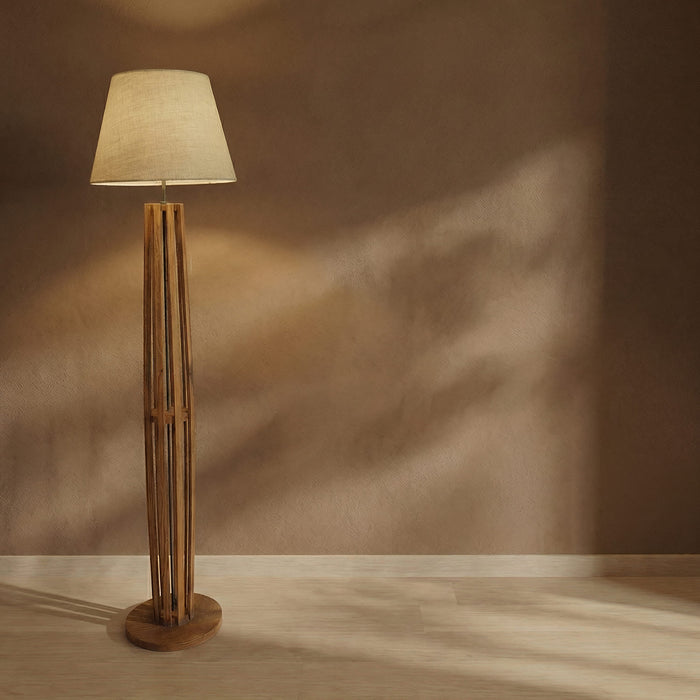Tall Boy Wooden Floor Lamp With Brown Base and Beige Fabric Lampshade