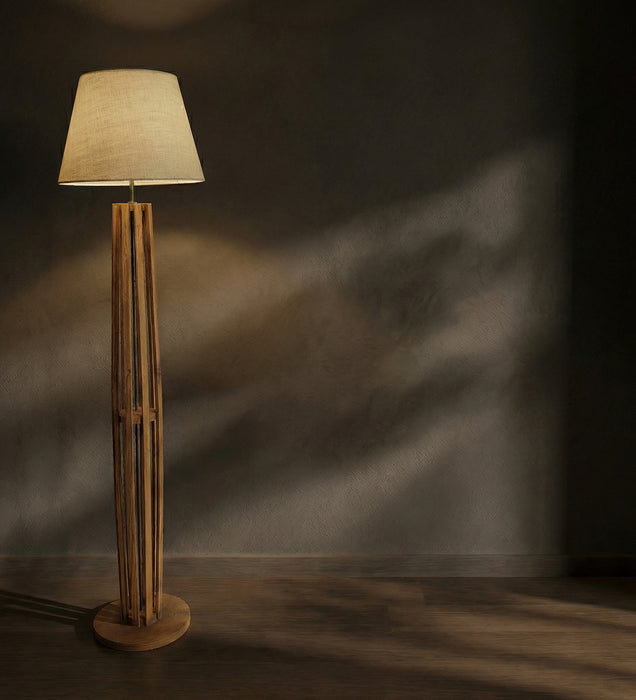 Tall Boy Wooden Floor Lamp With Brown Base and Beige Fabric Lampshade