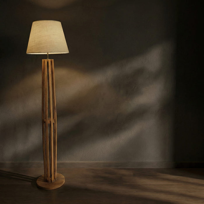Tall Boy Wooden Floor Lamp With Brown Base and Beige Fabric Lampshade