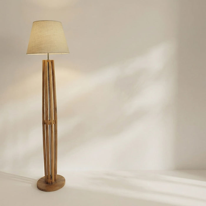 Tall Boy Wooden Floor Lamp With Brown Base and Beige Fabric Lampshade