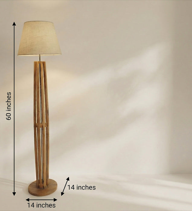 Tall Boy Wooden Floor Lamp With Brown Base and Beige Fabric Lampshade