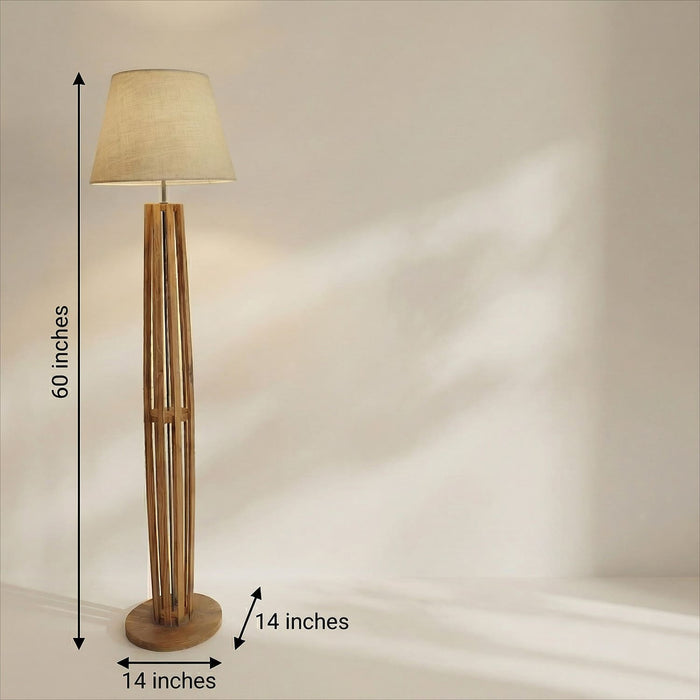 Tall Boy Wooden Floor Lamp With Brown Base and Beige Fabric Lampshade