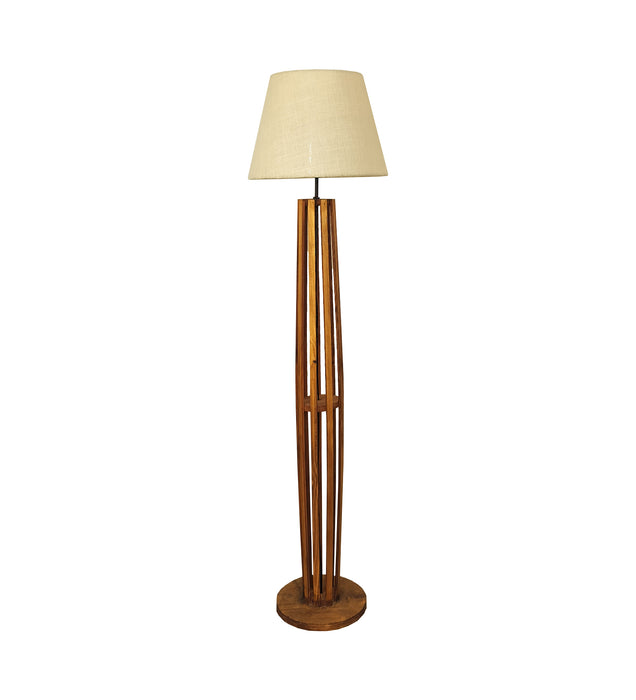 Tall Boy Wooden Floor Lamp With Brown Base and Beige Fabric Lampshade