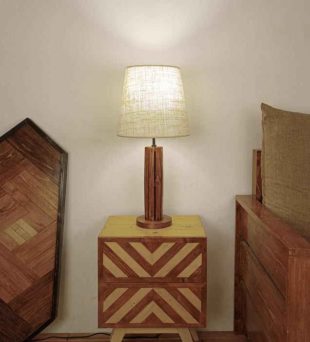 Tall Boy Wooden Table Lamp with Brown Base and White Fabric Lampshade