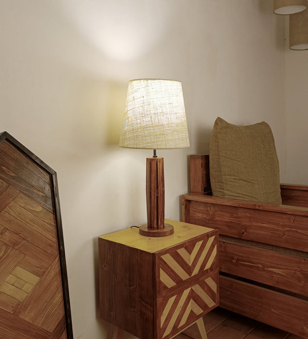 Tall Boy Wooden Table Lamp with Brown Base and White Fabric Lampshade