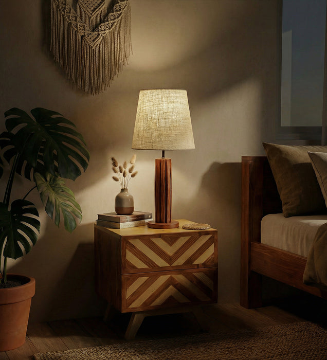Tall Boy Wooden Table Lamp with Brown Base and White Fabric Lampshade
