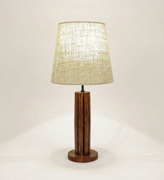 Tall Boy Wooden Table Lamp with Brown Base and White Fabric Lampshade