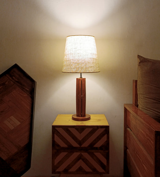 Tall Boy Wooden Table Lamp with Brown Base and White Fabric Lampshade