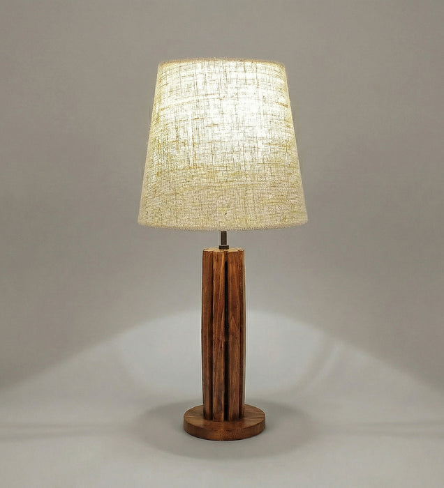 Tall Boy Wooden Table Lamp with Brown Base and White Fabric Lampshade