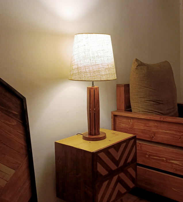 Tall Boy Wooden Table Lamp with Brown Base and White Fabric Lampshade