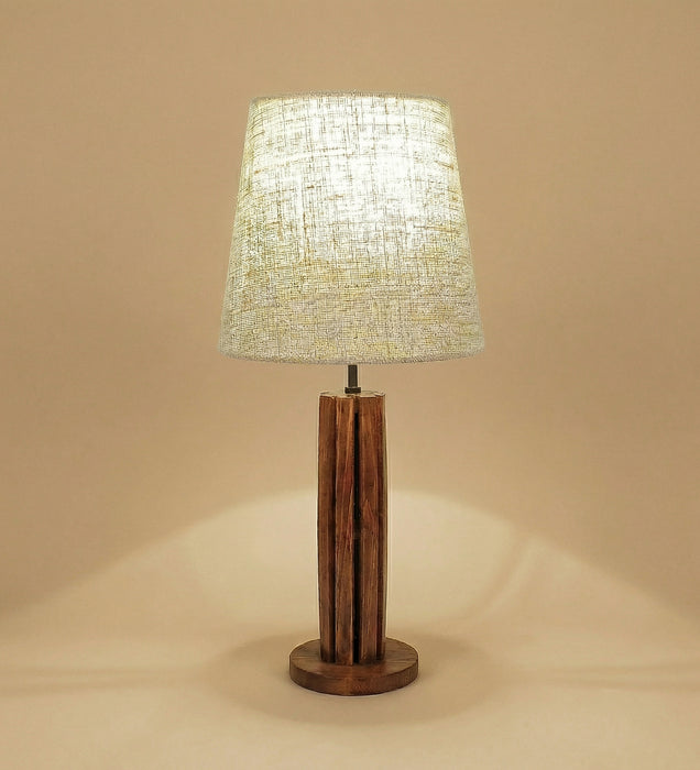 Tall Boy Wooden Table Lamp with Brown Base and White Fabric Lampshade