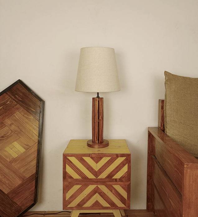 Tall Boy Wooden Table Lamp with Brown Base and White Fabric Lampshade