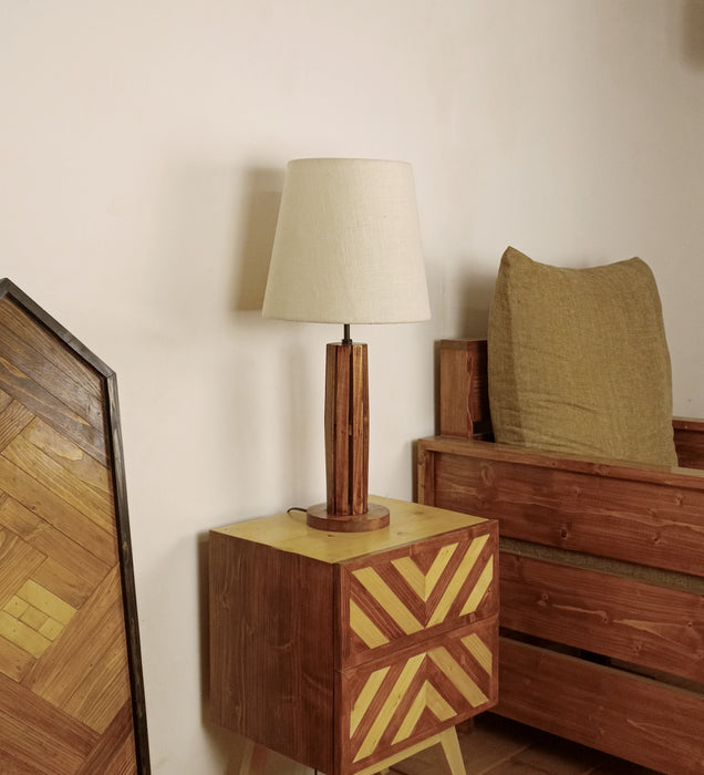 Tall Boy Wooden Table Lamp with Brown Base and White Fabric Lampshade