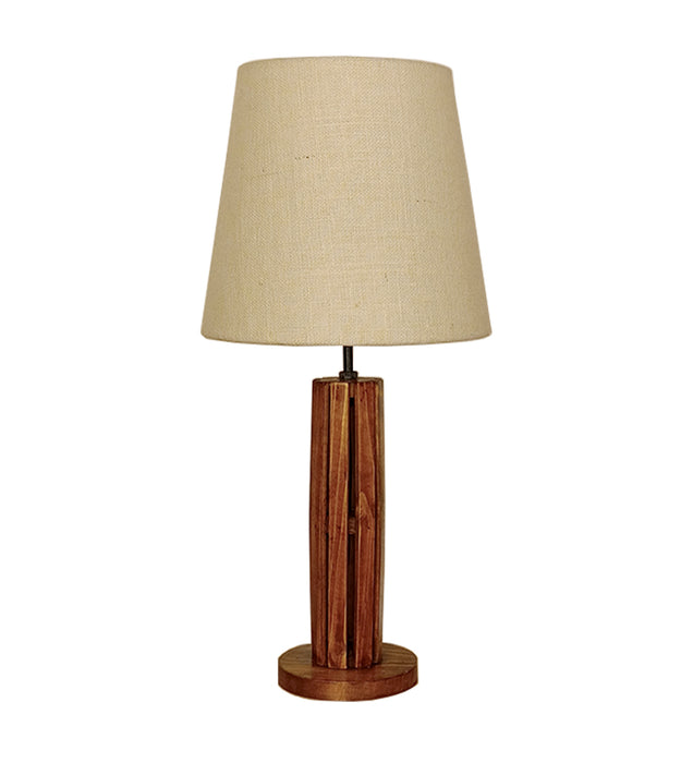 Tall Boy Wooden Table Lamp with Brown Base and White Fabric Lampshade