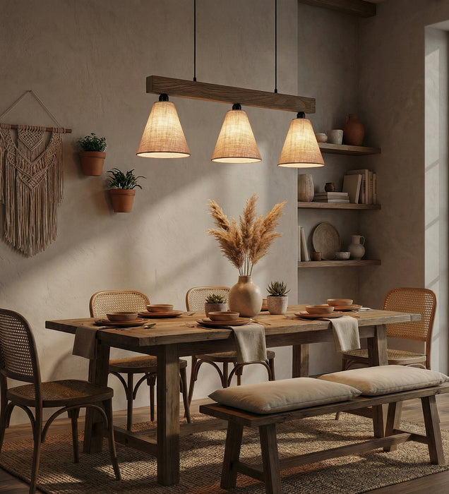 Terzo Brown Wooden Series Hanging Lamp with Beige Fabric Lampshade