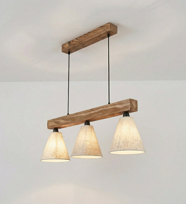 Terzo Brown Wooden Series Hanging Lamp with Beige Fabric Lampshade