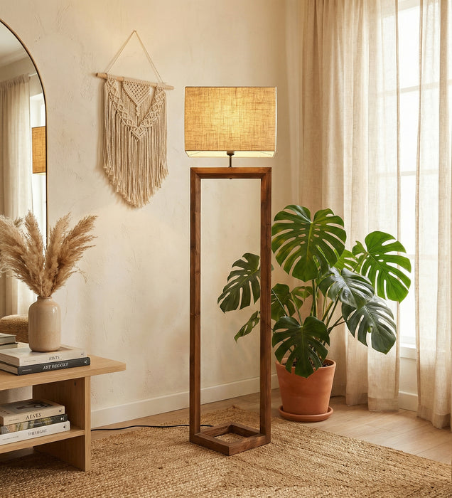 Tesseract Wooden Floor Lamp with Brown Base and Beige Fabric Lampshade