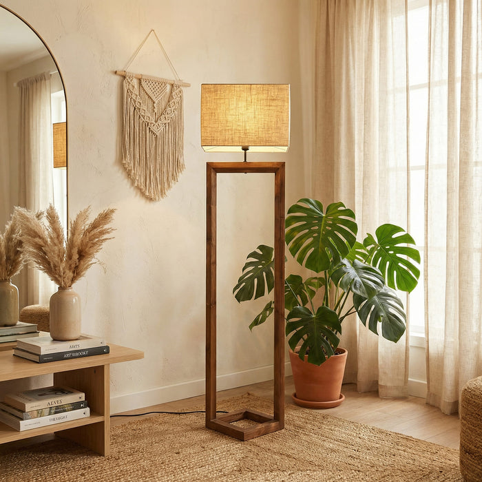 Tesseract Wooden Floor Lamp with Brown Base and Beige Fabric Lampshade