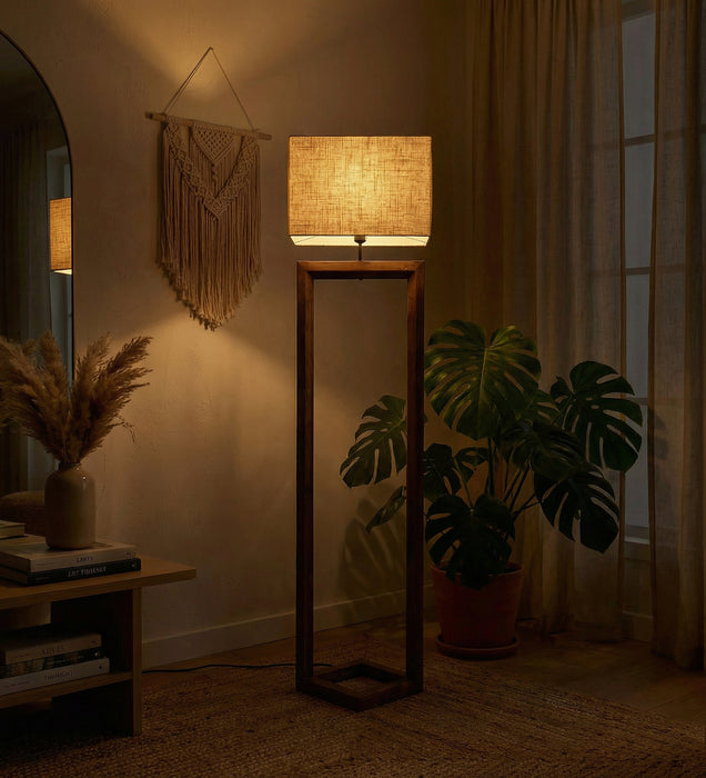 Tesseract Wooden Floor Lamp with Brown Base and Beige Fabric Lampshade