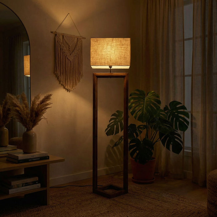 Tesseract Wooden Floor Lamp with Brown Base and Beige Fabric Lampshade