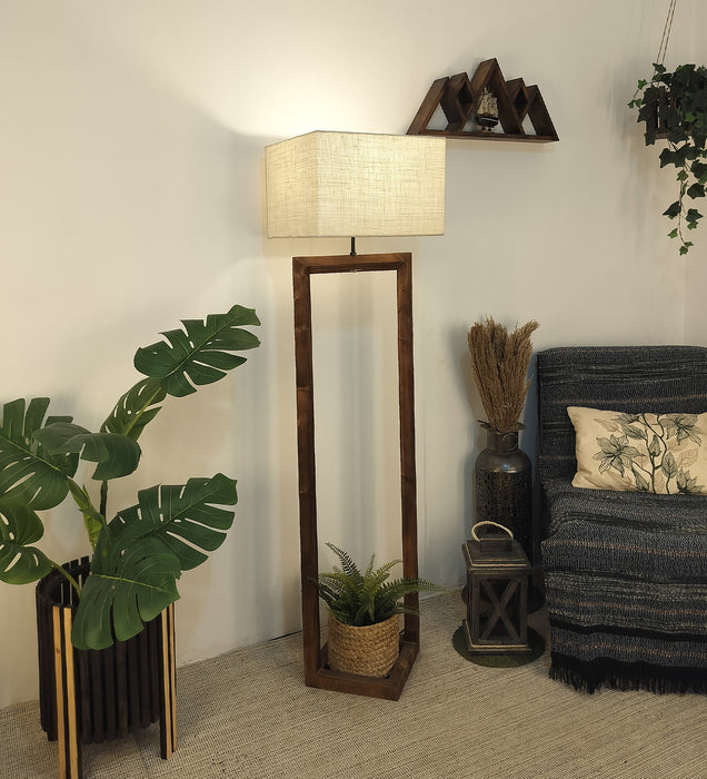 Tesseract Wooden Floor Lamp with Brown Base and Beige Fabric Lampshade