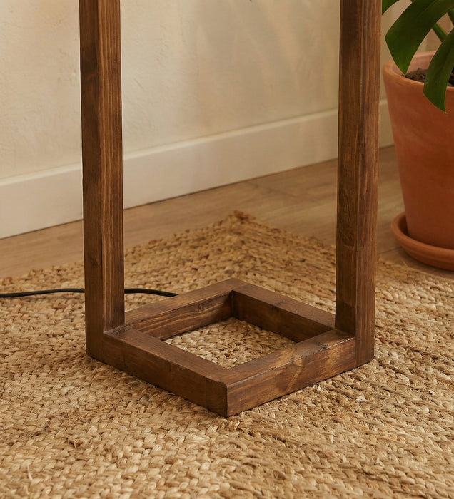 Tesseract Wooden Floor Lamp with Brown Base and Beige Fabric Lampshade