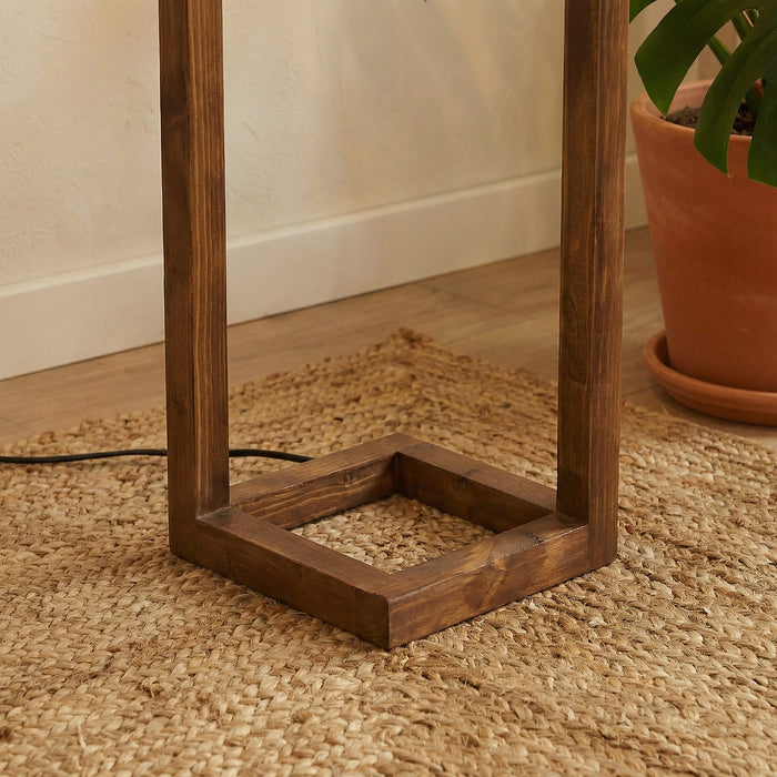 Tesseract Wooden Floor Lamp with Brown Base and Beige Fabric Lampshade