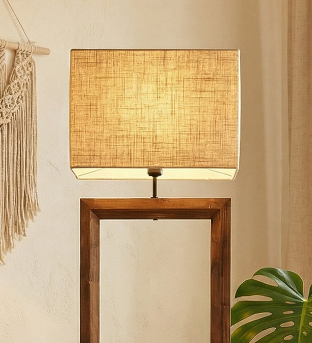 Tesseract Wooden Floor Lamp with Brown Base and Beige Fabric Lampshade