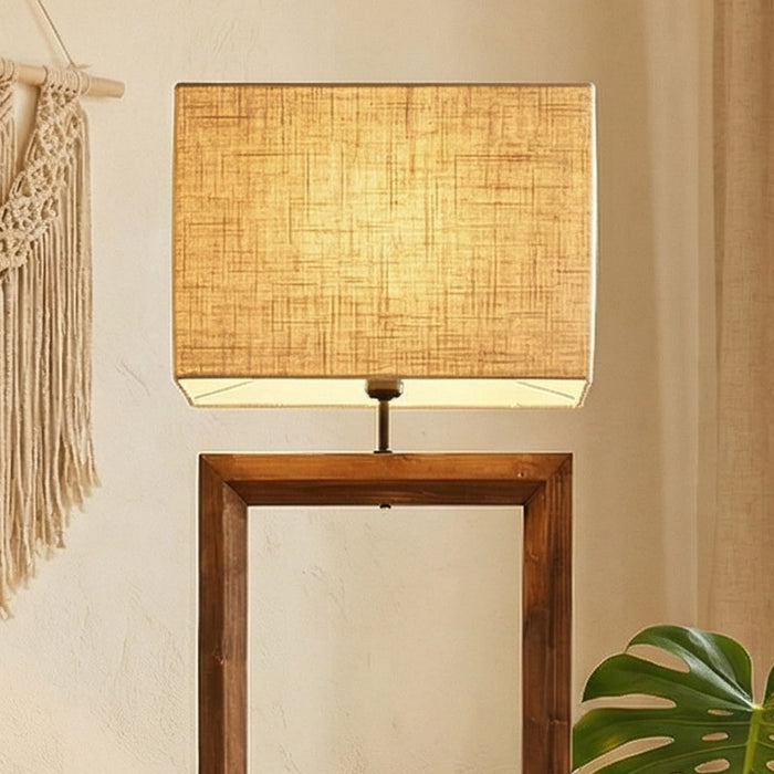 Tesseract Wooden Floor Lamp with Brown Base and Beige Fabric Lampshade