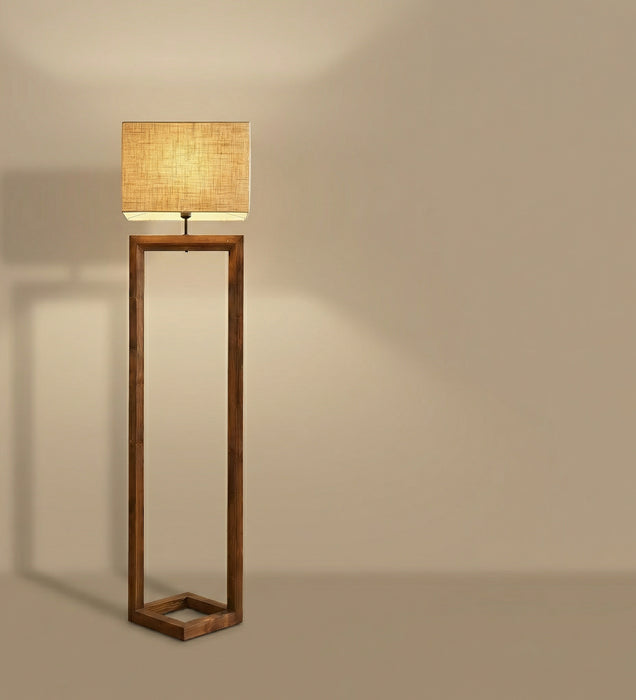 Tesseract Wooden Floor Lamp with Brown Base and Beige Fabric Lampshade