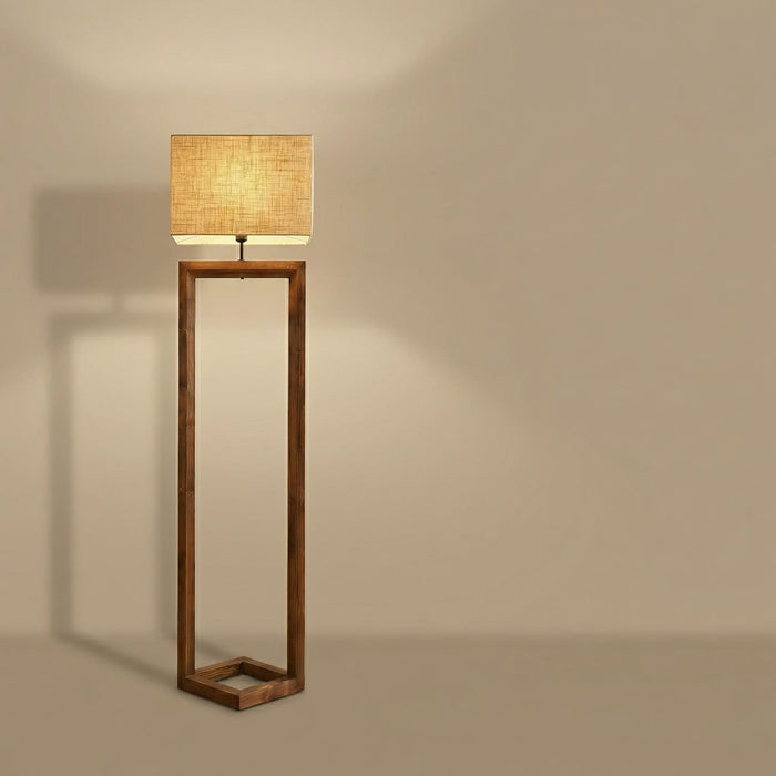 Tesseract Wooden Floor Lamp with Brown Base and Beige Fabric Lampshade