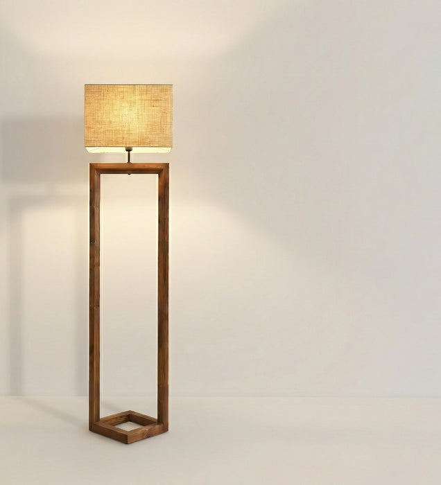 Tesseract Wooden Floor Lamp with Brown Base and Beige Fabric Lampshade