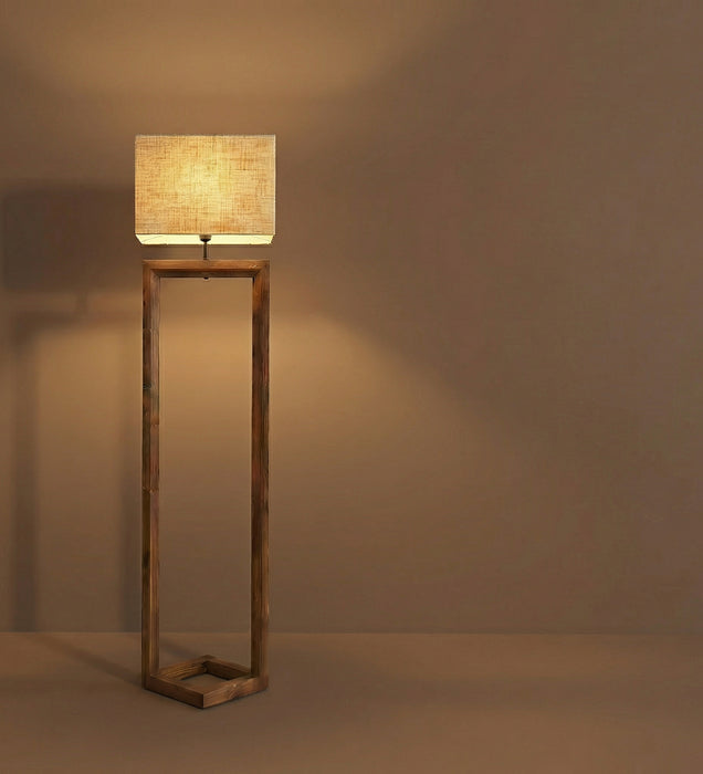 Tesseract Wooden Floor Lamp with Brown Base and Beige Fabric Lampshade